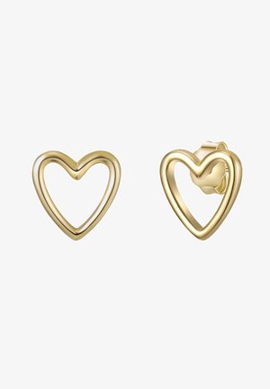 Paire de petites boucles d’oreilles en forme de cœur ouvert en or avec bords lisses et fermoir papillon sur fond blanc.