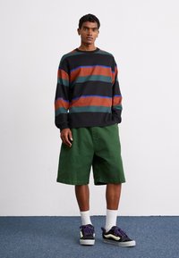 Pull noir avec des rayures rouges, bleues et vertes ; short vert ; chaussettes blanches ; baskets noires et violettes ; coupe décontractée ; vêtements décontractés.