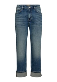 Blaue Jeans aus Denim mit geradem Bein, mit hochgerollten Säumen, vorderen Taschen und klassischem Fünf-Taschen-Stil.