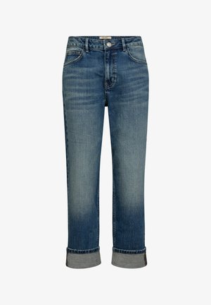Blue denim jeans with a straight leg design, featuring rolled cuffs, front pockets, and a classic five-pocket style.