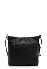 Sort læder crossbody taske med tekstureret overflade, der har en frontlomme med lynlås og justerbar skulderrem for bekvemmelighed.