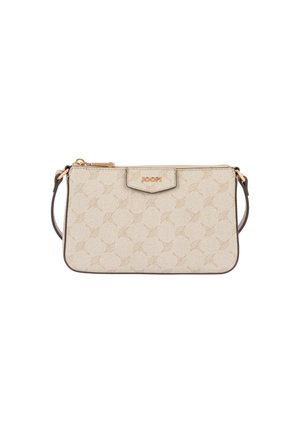 Beige rektangulær clutch taske med et subtilt bladmønster, gyldent lynlås og et lille håndtag på hver side.