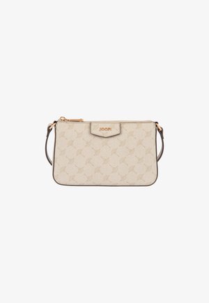 Pochette rectangulaire beige avec un motif subtil de feuilles, une fermeture éclair dorée et une petite poignée de chaque côté.