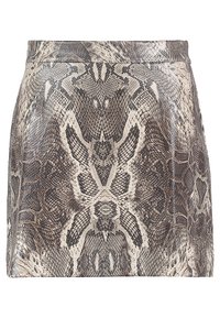 Schlangenprint-Minirock in metallischem Finish, mit strukturiertem Bund, texturiertem Stoff in Braun-, Grau- und Cremetönen.