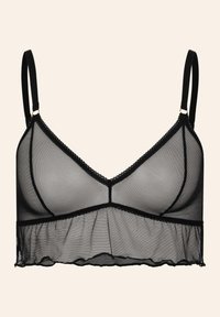 Zwarte doorschijnende bralette met zachte cups en een kantafwerking. Voorzien van verstelbare bandjes en een gerimpelde zoom voor een verfijnde afwerking.