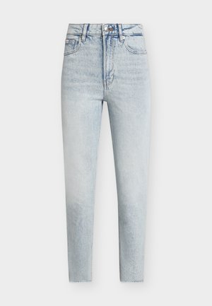 Světlé modré skinny džíny s vysokým pasem, předními a zadními kapsami, zapínáním na knoflíky a jemným vybledlým detailem.