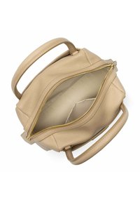 Borsa a mano in pelle beige con chiusura a zip, superficie strutturata, due manici e un ampio interno. Dettagli in hardware dorato.