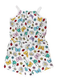Bílý bavlněný overal s barevným květinovým a motýlím potiskem, s nastavitelnými ramínky a elastickým pasem.