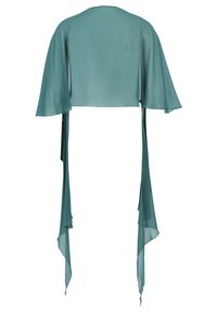 Sciarpa azzurro-verde chiaro con maniche ampie e fluttuanti e lunghi nastri che fluiscono. Realizzata in tessuto trasparente, presenta una texture liscia e un design minimalista.