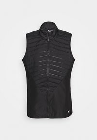 Czarna kamizelka bez rękawów z przednim suwakiem, z geometrycznym pikowanym wzorem na górze i gładką tkaniną poniżej; lekka konstrukcja.