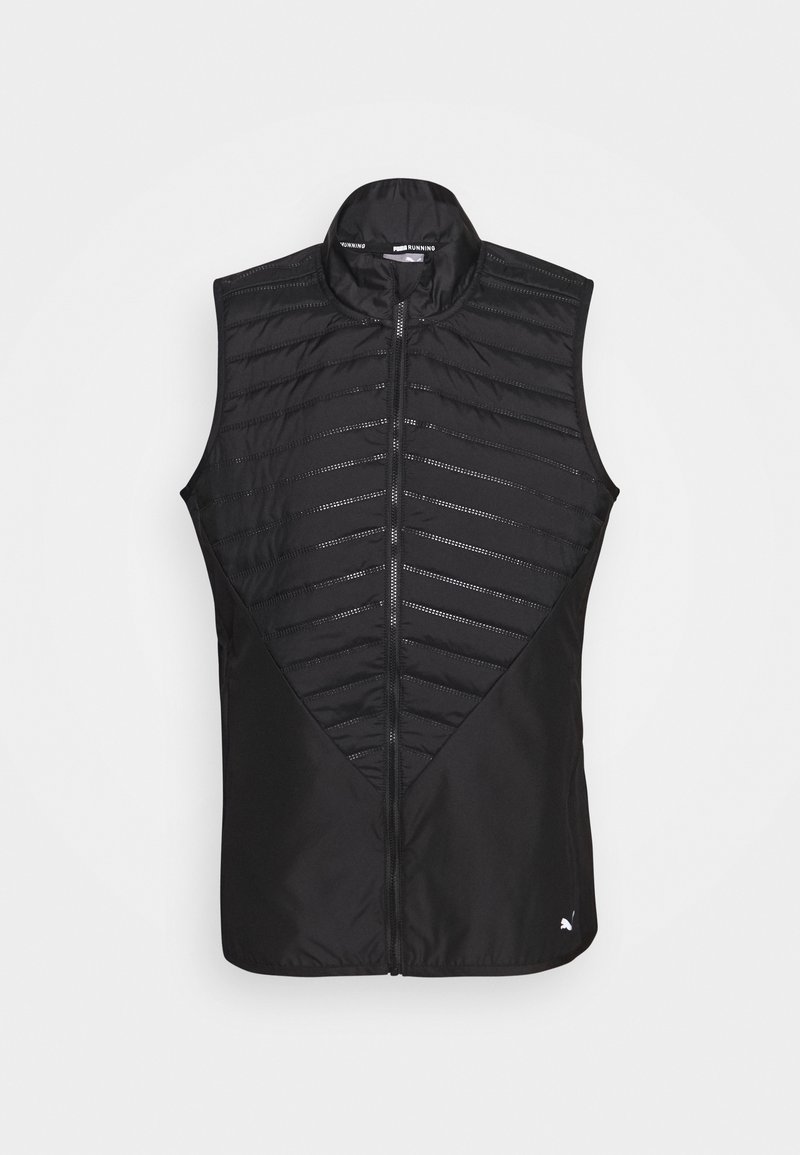 Czarna kamizelka bez rękawów z przednim suwakiem, z geometrycznym pikowanym wzorem na górze i gładką tkaniną poniżej; lekka konstrukcja.