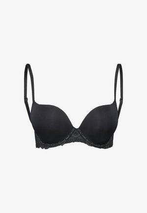 Sutiã preto acolchoado com alças finas ajustáveis e rendas ao longo da borda inferior contra um fundo branco.