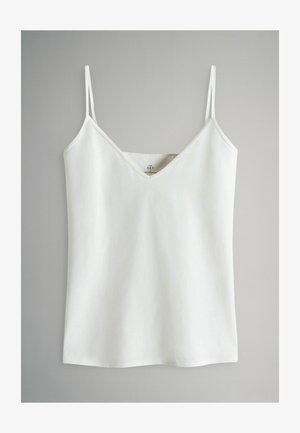 Biela tielko s tenkými ramienkami, V-výstrihom, jemnou textúrou a rovnými okrajmi, s minimalistickým dizajnom a jemnými detalami šitia.