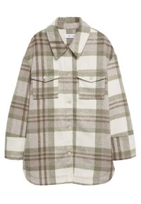 Knappet uldskjortejakke med beige, brun og hvidt ternet mønster, frontlommer med klap og bred krave.