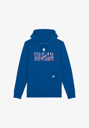 Blauer Kapuzenpullover mit Fronttasche, Kordelzugkapuze und mehrfarbigem, gestreiftem Schriftzug über der Brust.