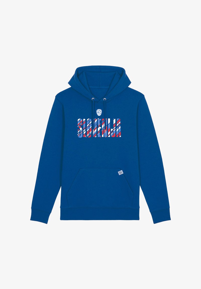 Blauer Kapuzenpullover mit Fronttasche, Kordelzugkapuze und mehrfarbigem, gestreiftem Schriftzug über der Brust.