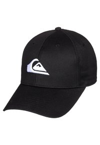 Casquette de baseball noire en tissu, avec une visière incurvée et un logo brodé blanc à l'avant, surface texturée.