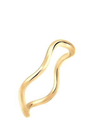Gold ring with a wavy design. Smooth, shiny surface; open shape with no gemstones or embellishments. Simple, elegant form.