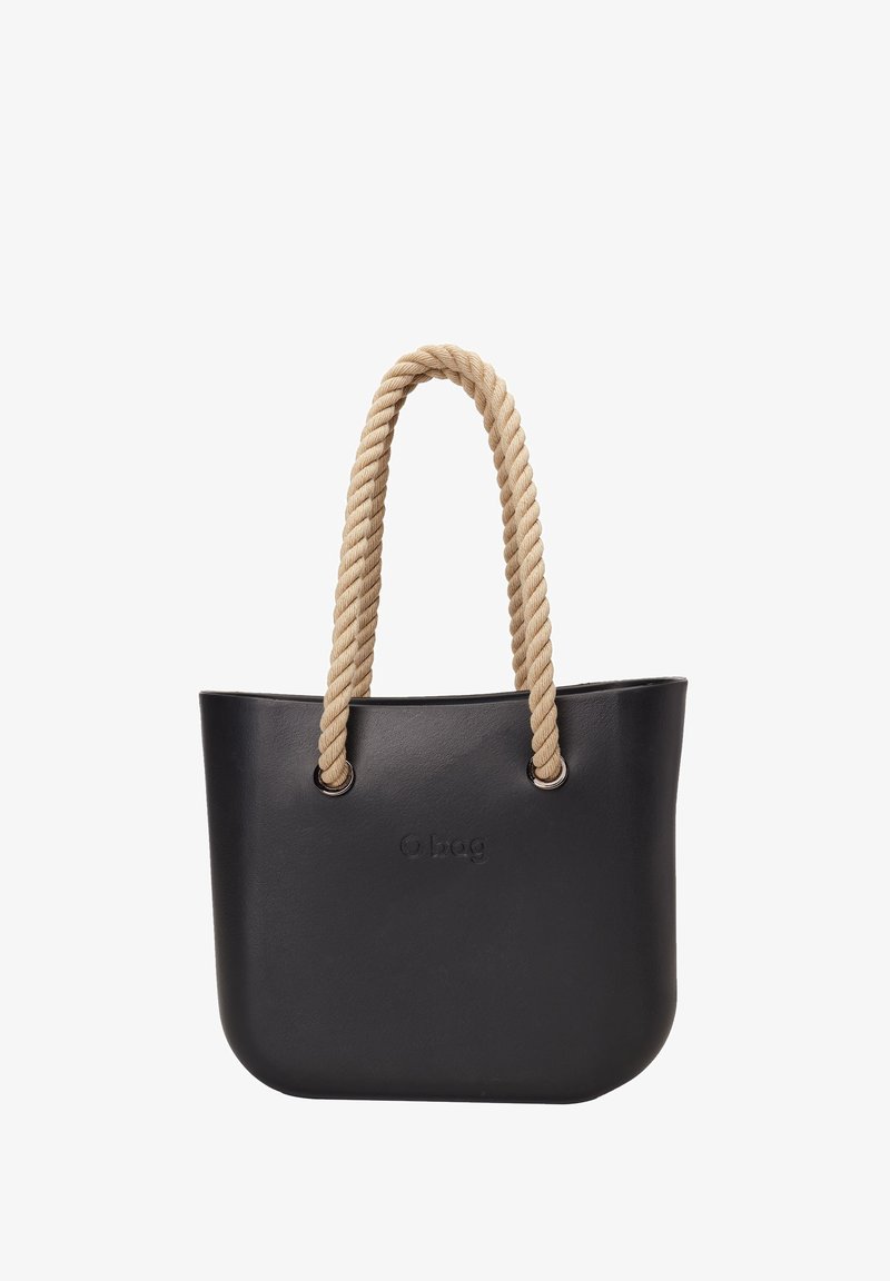 Mustat synteettiset olkalaukut, joissa on pyöreä muoto, tekstuuroitu pinta ja kaksi beigekoukkua, jotka on kiinnitetty metallivahvikkeilla.