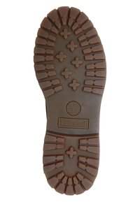 Suela de goma marrón con surcos profundos y patrones cruzados, que presenta un logotipo circular de Timberland en el centro y el nombre de la marca grabado.