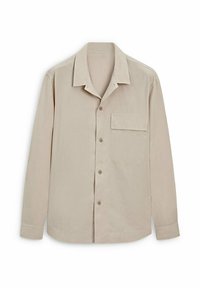 Camicia beige con bottoni, colletto, maniche lunghe e una tasca sul petto. Realizzata in tessuto morbido, presenta una vestibilità rilassata.