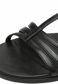 Black leather sandal with two wide straps and one narrow strap. Flat sole with textured surface. Smooth finish, no visible patterns or hardware.