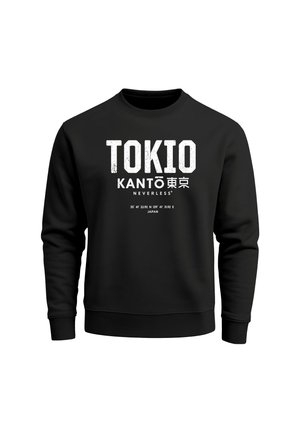 Black sweatshirt featuring bold white text: "TOKIO," "KANTO," and "NEVERLESS." Simple crew neckline, long sleeves, and a standard fit.