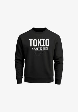 Black sweatshirt featuring bold white text: "TOKIO," "KANTO," and "NEVERLESS." Simple crew neckline, long sleeves, and a standard fit.