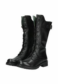 Bottes noires en cuir, hauteur genou, avec un devant à lacets, bout rond et semelle en caoutchouc texturé. Présente un intérieur vert et un détail de boucle.