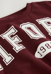 Bordeauxfarbener Sweatshirt aus weichem Stoff mit kräftigen weißen Buchstaben und einem runden Grafik mit "1982" auf der Vorderseite. Gerippter Ausschnitt.