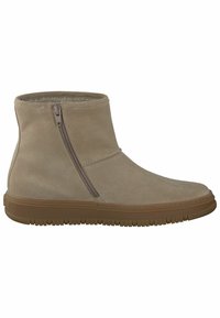 Botas de ante beige hasta el tobillo con cremallera lateral, que cuentan con un forro interior suave y una suela de goma marrón, diseñadas para la comodidad y facilidad de uso.