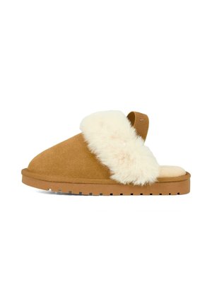 Bruine suède pantoffel met een crèmekleurige bontband, open teendesign en een rubberen zool met textuur en ribbels voor grip.
