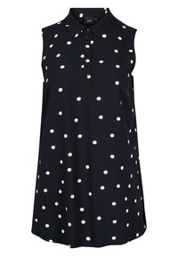 Ärmelloses navy-blaues Hemd mit Kragen, versehen mit weißen Punkten. Vorderer Knopfverschluss, seitliche Schlitze und glattes Stoffmaterial.