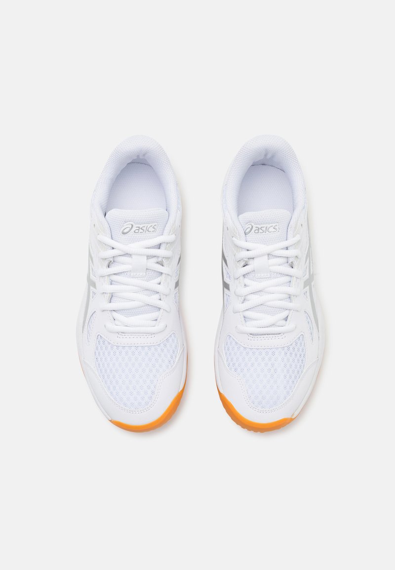 White athletic shoes with mesh and synthetic overlays, featuring grey accents and an orange rubber sole. Laced design with padded collar.