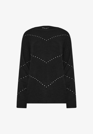 Zwarte sweatshirt met lange mouwen, met witte studs in een chevronpatroon over de voorkant. Zachte stof met een relaxte pasvorm.