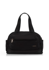 Sac de sport noir en nylon avec doubles poignées, poche zippée à l'avant et un design sobre. Présente des coutures et un petit logo à l'avant.