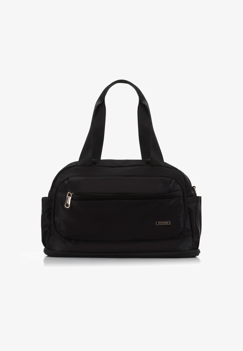 Black nylon duffel bag with double handles, front zip pocket, and a solid design. Features stitching and a small logo on the front.