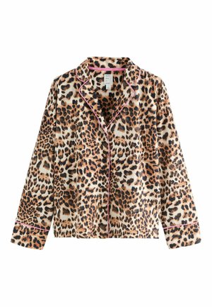 Maglietta da pigiama con stampa leopardata realizzata in tessuto morbido, presenta un colletto, maniche lunghe e profili rosa lungo i bordi e l'apertura dei bottoni.