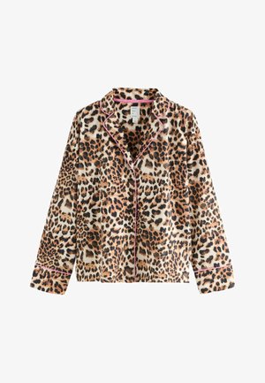 Maglietta da pigiama con stampa leopardata realizzata in tessuto morbido, presenta un colletto, maniche lunghe e profili rosa lungo i bordi e l'apertura dei bottoni.