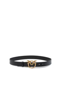 Ceinture en cuir noir avec une boucle circulaire en ton or présentant deux motifs d'oiseaux. Texture lisse, longueur ajustable avec plusieurs trous.