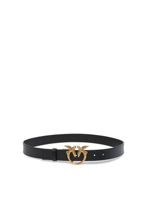 Cintura in pelle nera con una fibbia circolare dorata caratterizzata da due design di uccelli. Texture liscia, lunghezza regolabile con più fori.