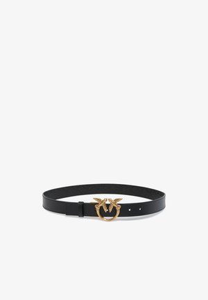Sort læderbælte med en cirkulær guldtonet spænde, der har to fugledesigns. Glat tekstur, justerbar længde med flere huller.