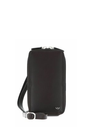 Schwarze rechteckige Ledercrossbodytasche mit silbernem Reißverschluss und verstellbarem Riemen, mit kleinem silbernem Logo in der unteren Ecke.