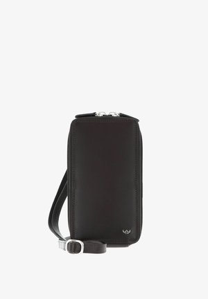Black rectangular leather crossbody bag with silver zipper and adjustable strap, featuring a small silver logo at bottom corner.