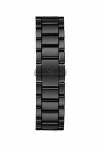 Bracciale per orologio in metallo nero con maglie lucide, caratterizzato da una finitura liscia e una chiusura con logo incisa. Design semplice ed elegante in colore uniforme.