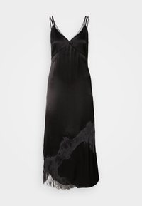 Robe nuisette en satin noir avec double bretelles fines, décolleté en V et détail en dentelle le long du décolleté et de l'ourlet asymétrique.