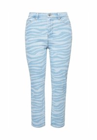 Světle modré džíny s jemným vzorem zebry. Mají klasický pětikapsový design, zapínání na knoflík a rovné nohavice.