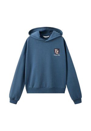 Felpa con cappuccio blu a maniche lunghe con un piccolo emblema "Friends Club" con un cane sul petto sinistro.