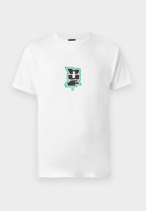 White cotton t-shirt featuring a black and green graphic logo in the center. Short sleeves, regular fit, and crew neck design.