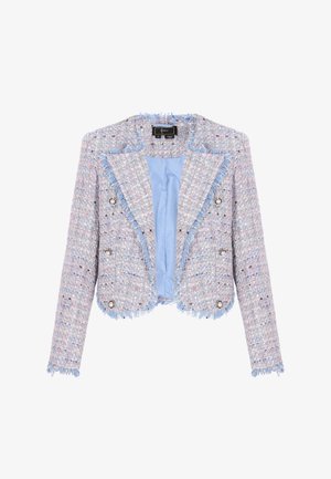 Vágott, dupla soros pasztell tweed zakó rojtos szegélyekkel, gyöngyszerű gombokkal és világoskék selyem béléssel.
